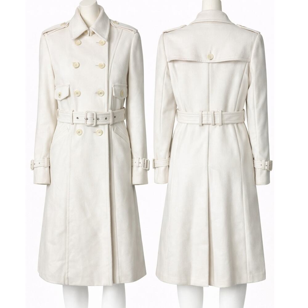 BCBGMAXAZRIA Ivory White Wool Blend Belted Trench Coat Jacket Size Medium